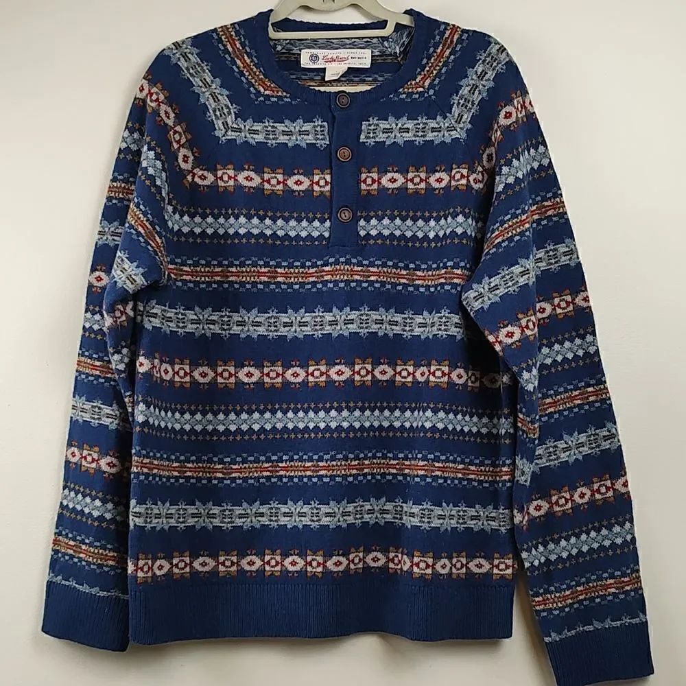 Lucky Brand Lambswool Striped Fair Isle Henley Sweater Unisex Size L